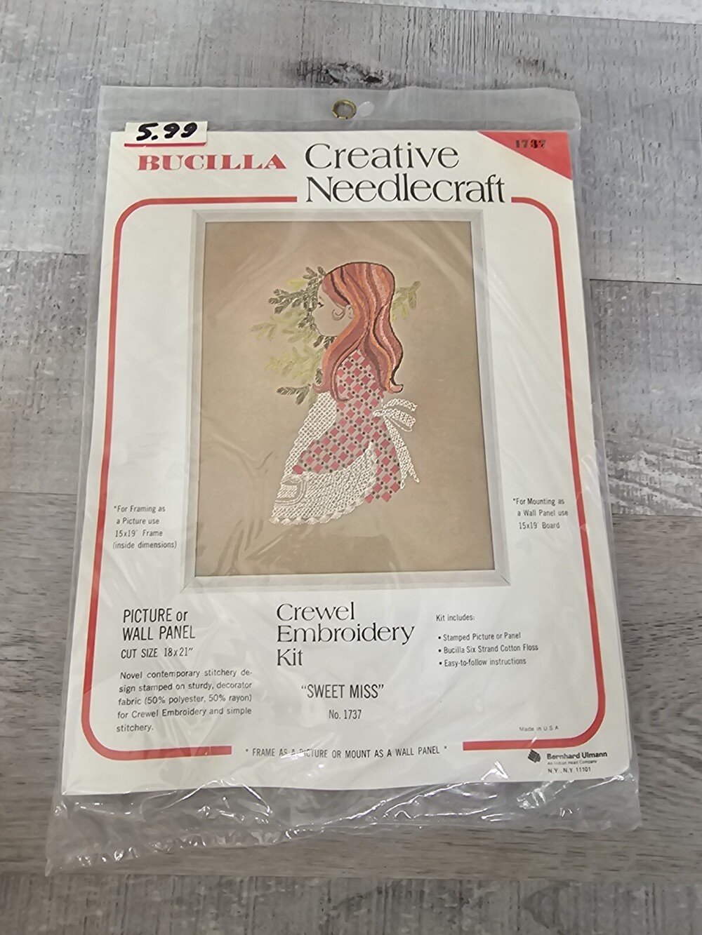 NOS Vtg Bucilla Crewel Embroidery kit #1737 Sweet Miss Groovy Girl 18x21 243d